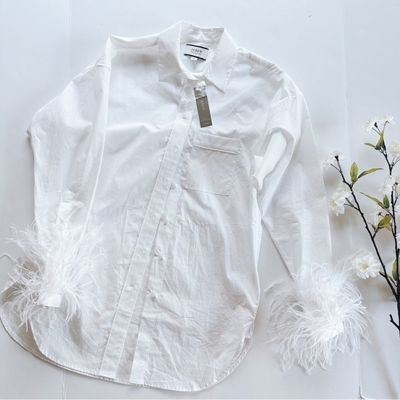 J.Crew Feather Trim Cotton Poplin Button Up Shirt With Collar White - Picture 9 of 16